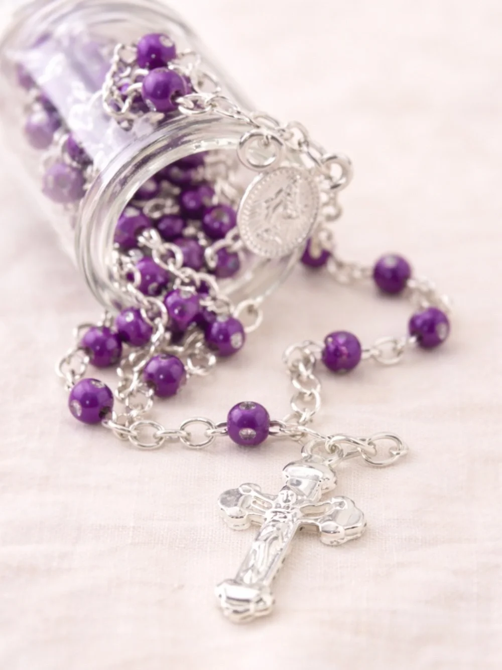 Children’s Purple Rosary 4mm Beads Silver Tone Crucifix Catholic Baptism